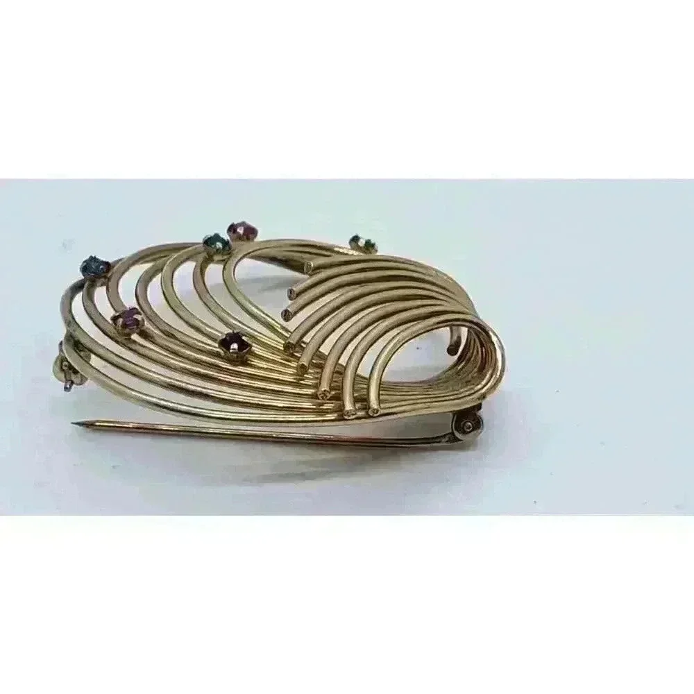 1950s Brooch 12k Gold Fill Rhinestone Art Deco Swirl MCM signed Winard